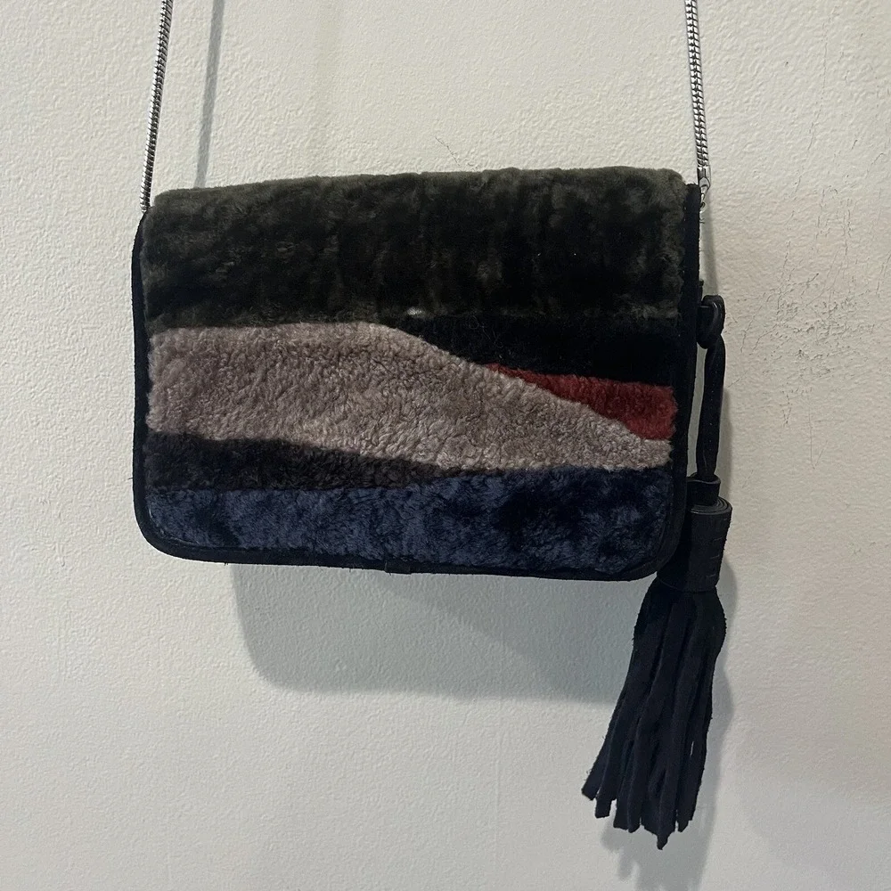 All Saints Purse Bando Shoulder Crossbody Shearling‎ Bag Colorblock Tassel